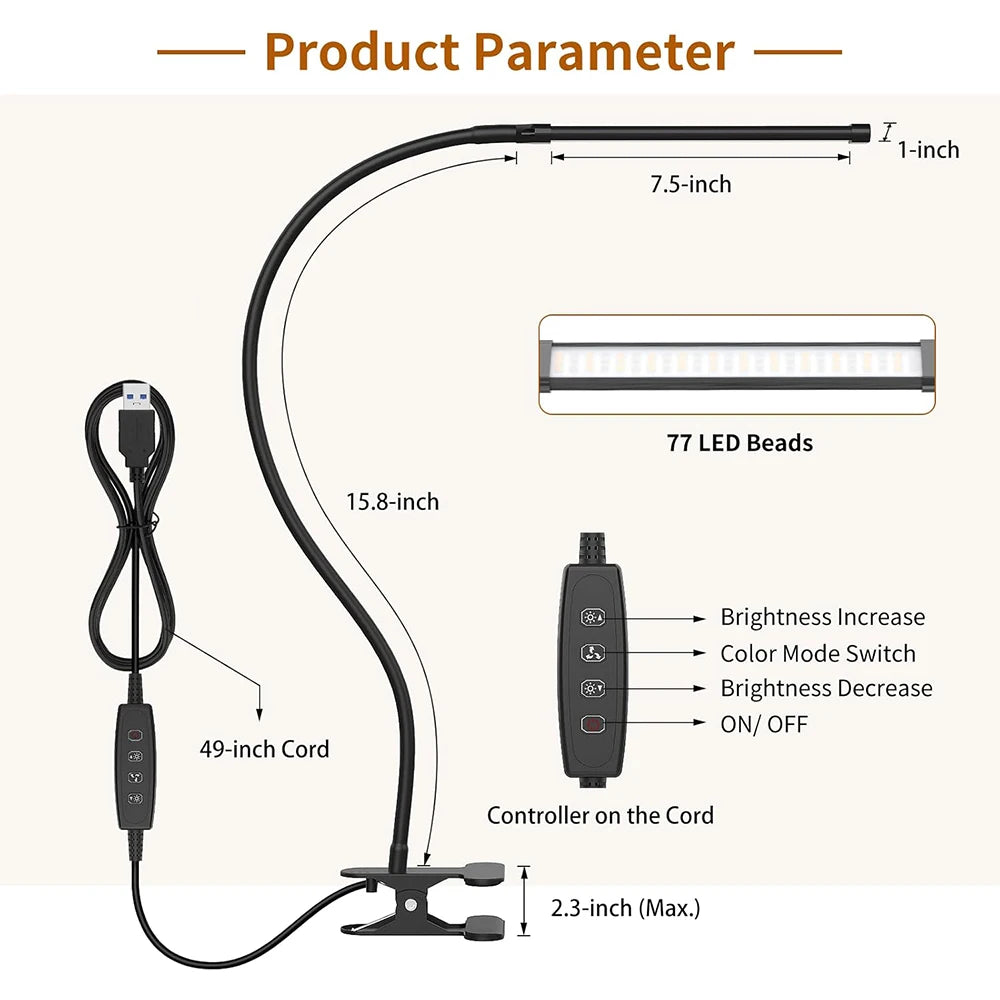 10W LED Desk Lamp with Clamp Dimmable Clip On Reading Light 10 Brightness Level 3 Lighting Modes Flexible Study Table Lamp USB