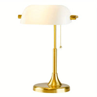 19" Gold/White Modern Glass Banker Table Lamp with Brass Base and Banker Style Glass Shade