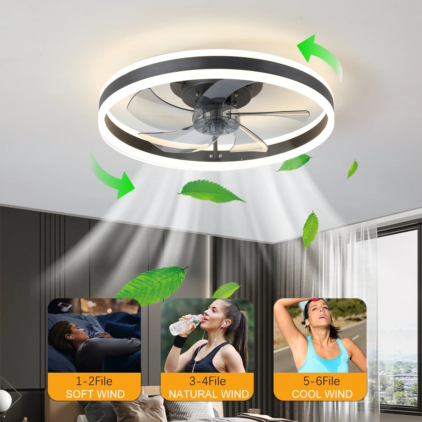ARLGSITE Low Profile Ceiling Fans with Lights and Remote, Fandelier Ceiling Fan Flush Mount，Black Modern Smart Ceiling Fans