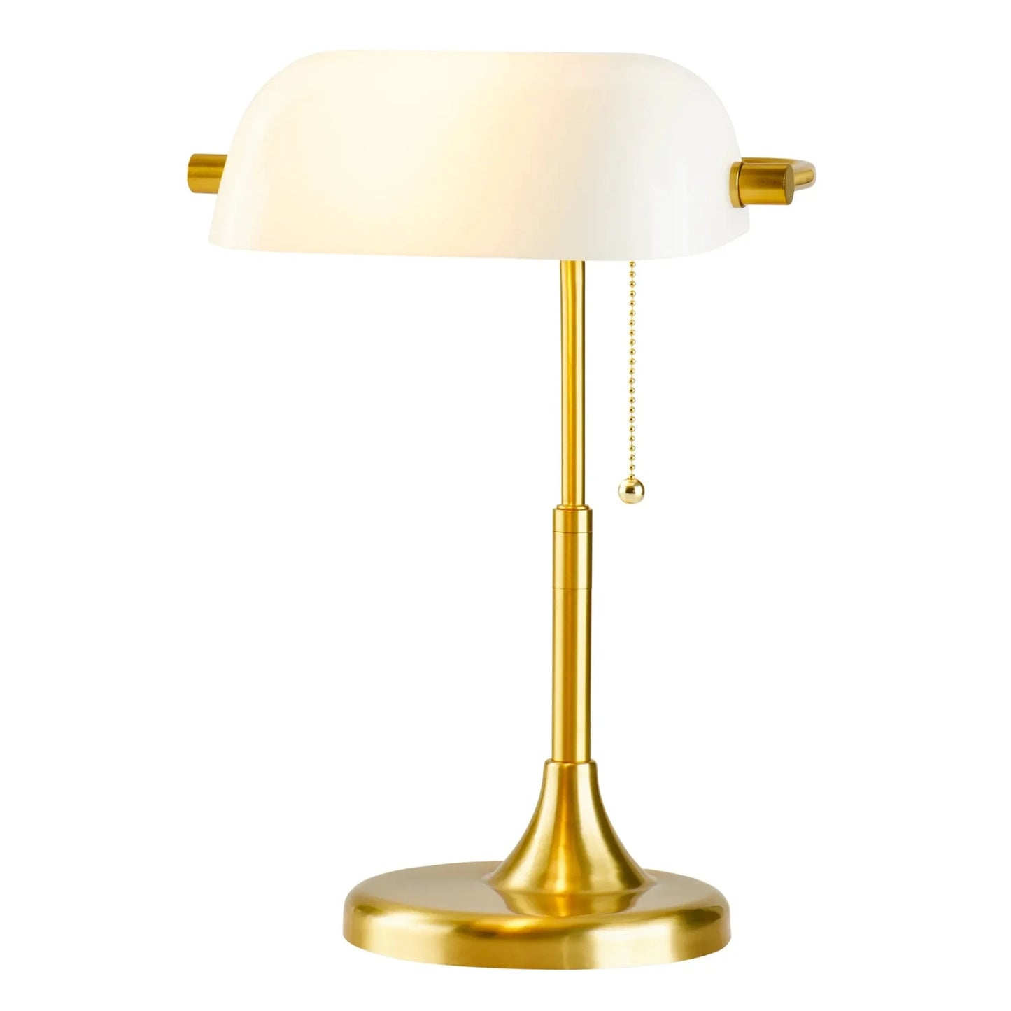 19" Gold, White Modern Glass Banker Table Lamp with Brass Base and Banker Style Glass Shade