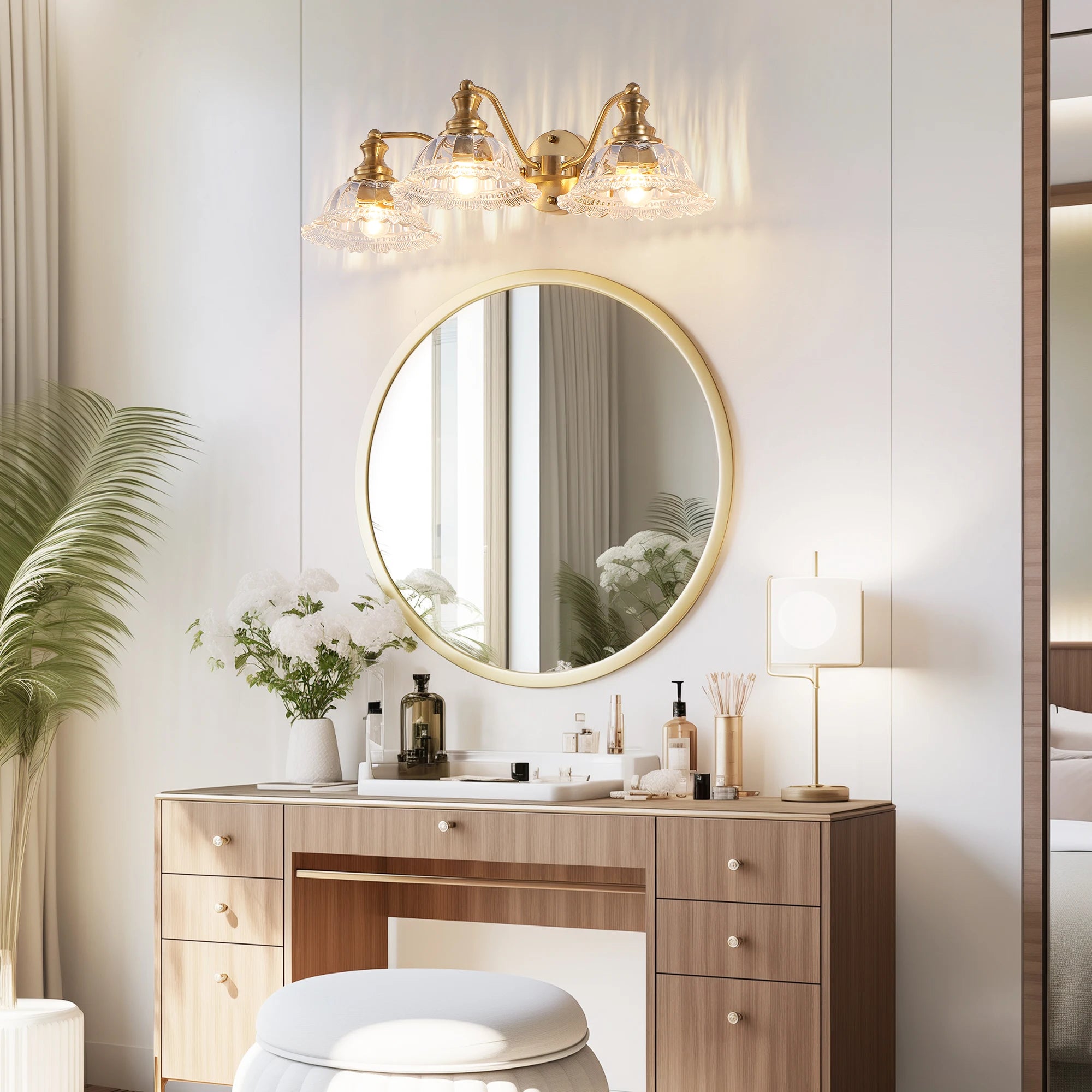 24 Inch 3-Light Vintage Bathroom Wall Sconce – Elegant Golden Metal and Glass Lampshade Vanity Light Fixture (No Bulb)