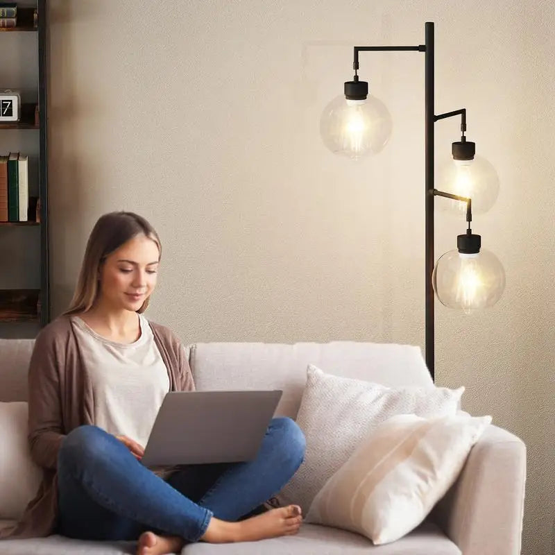 67" Tree-Shaped Floor Lamp with 3 Lights, Glass Shade, Foot Switch, Modern Design for Living Room Lighting