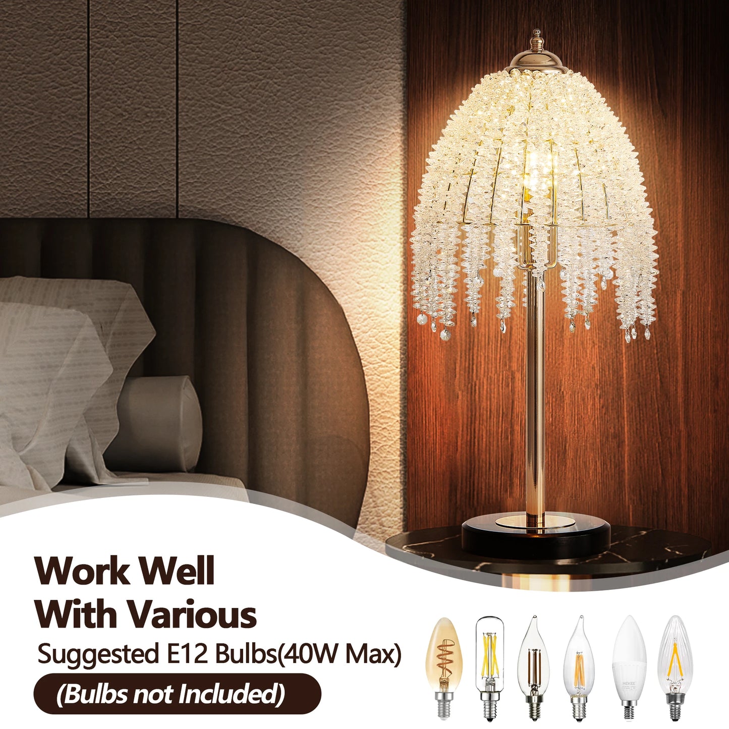 19"(H) Elegant Crystal Table Lamp Vintage Waterfall Design with Crystal Bead String Shades and Marble Textured Base(No Bulb)