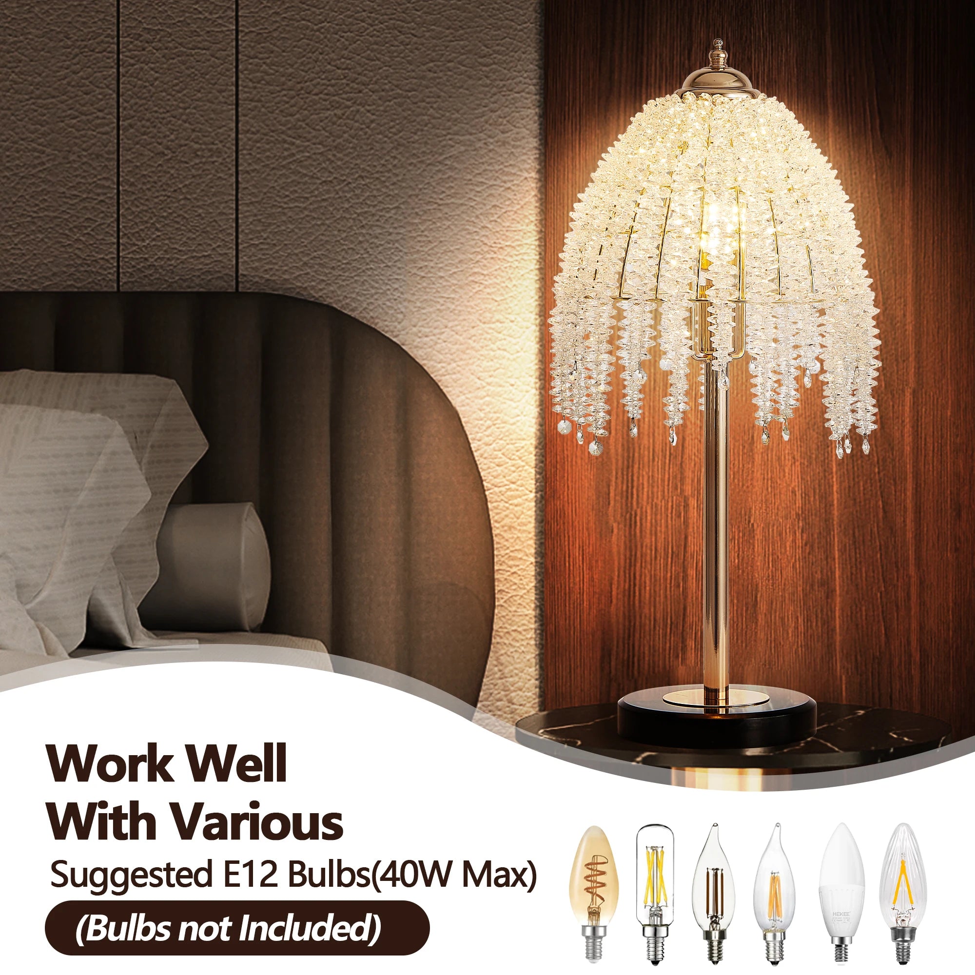 19"(H) Elegant Crystal Table Lamp Vintage Waterfall Design with Crystal Bead String Shades and Marble Textured Base(No Bulb)
