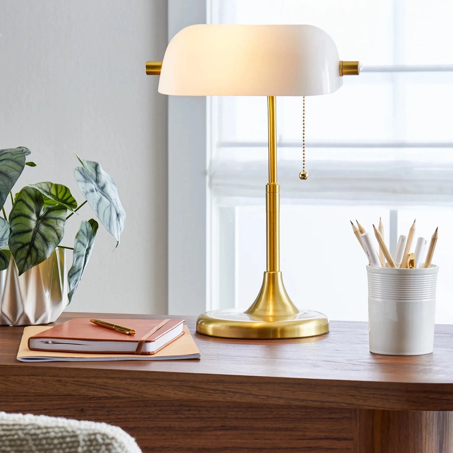 19" Gold, White Modern Glass Banker Table Lamp with Brass Base and Banker Style Glass Shade