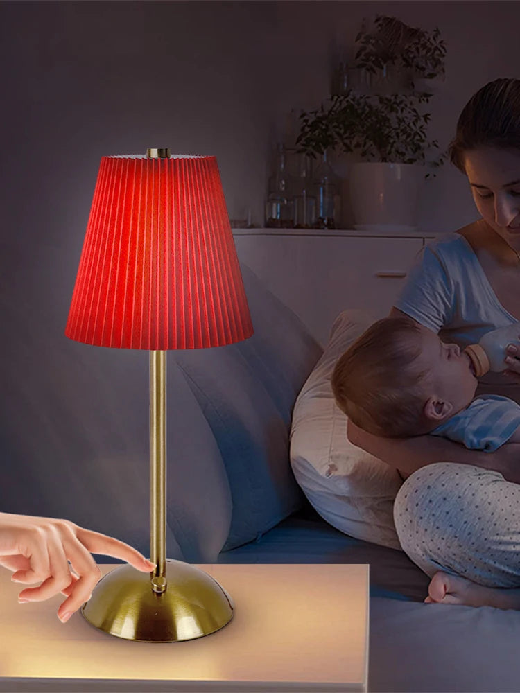Cordless Table Lamp Small Night Light Touch Control Wireless Bedside Lamp with Pleated Lampshade for Restaurant Bar Coffee Shop