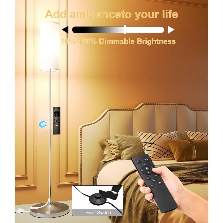 Dimmable LED Floor Lamp with Foot Switch and Remote Control for Living Room Bedroom Office and Kid Room Silver Pole Design with