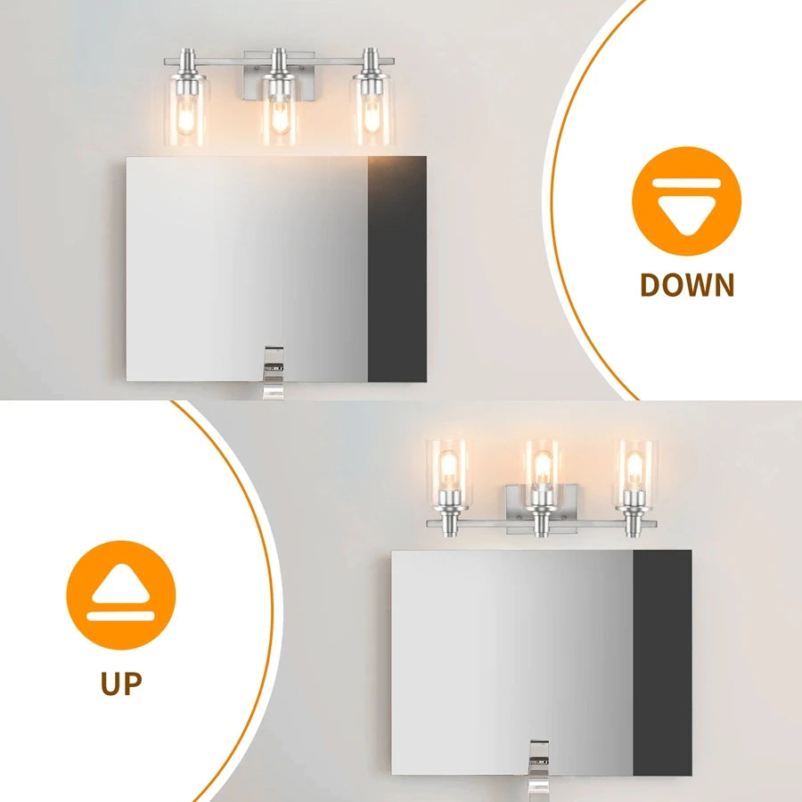 3-Light Modern Bathroom Vanity Light Fixture Above Mirror, Metal & Glass Construction, Hardwired for Easy Installation