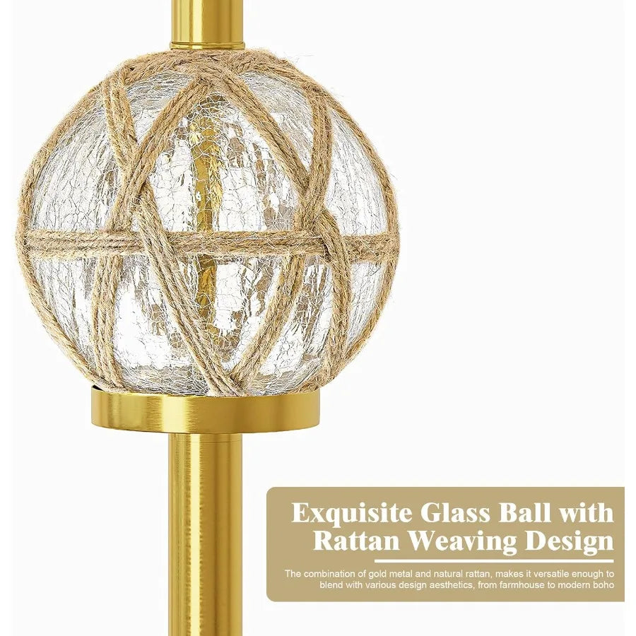 61.5 Modern Floor Lamp for Living Room Gold Boho Standing Lamp with Rattan Glass Design Rotary Switch Farmhouse Tall Lamps for