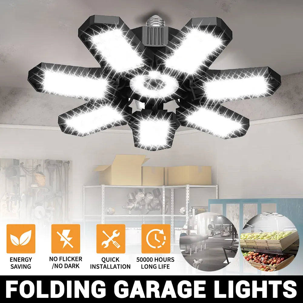 Deformable Ceiling Lighting LED Garage Lights Bulb, 6500K Shop Light With 7+1 Adjustable Panels LED Garage Lighting Basement Bar