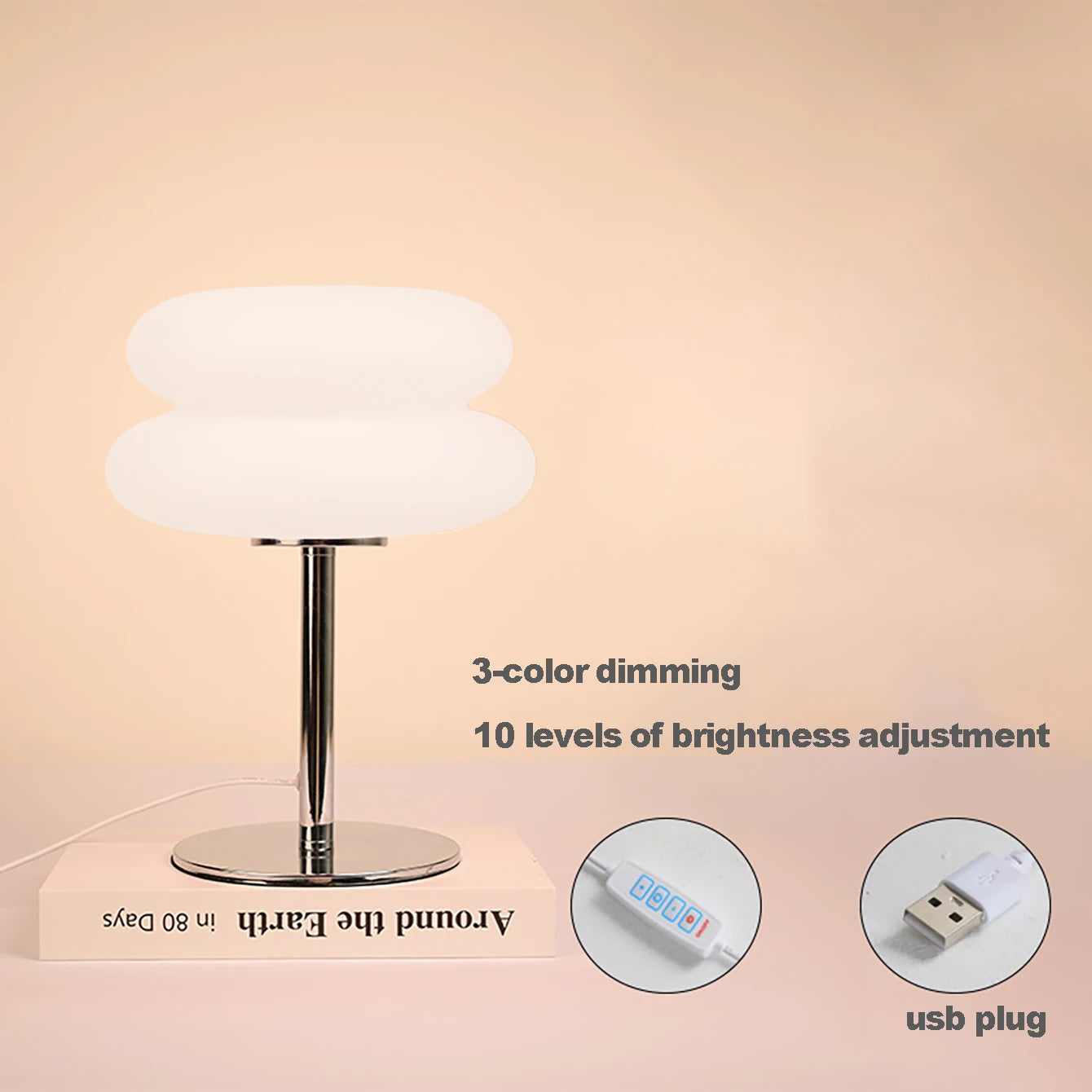 Cream table lamp plastic lampshade bedroom bedside decorative lamp USB plug tri color dimming living room study atmosphere light