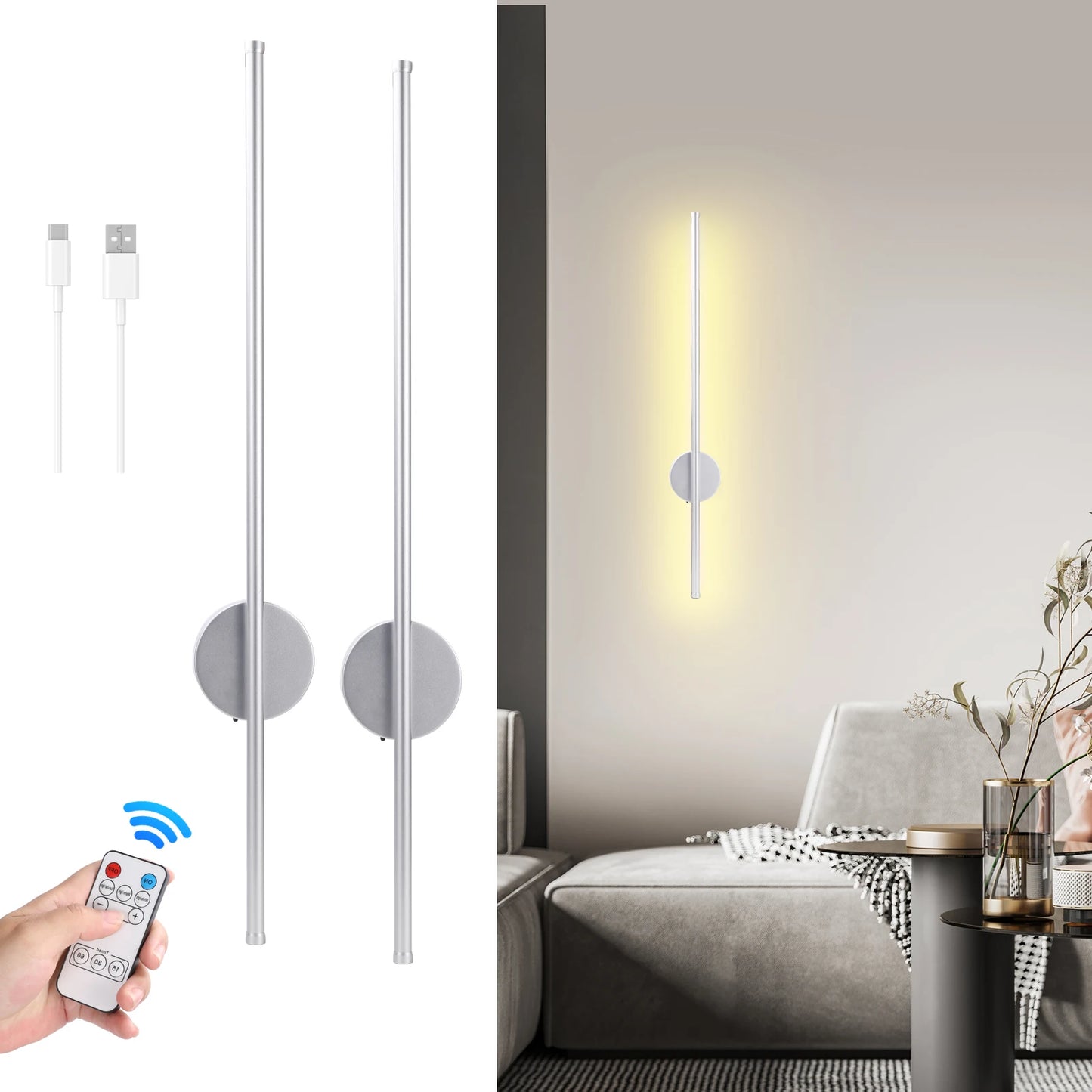 50cn/80cm LED Wireless Wall Lamp 5V Usb Rechargeable Long Night Light with Remote Control Modern Simple Bedroom Bedside Lamp