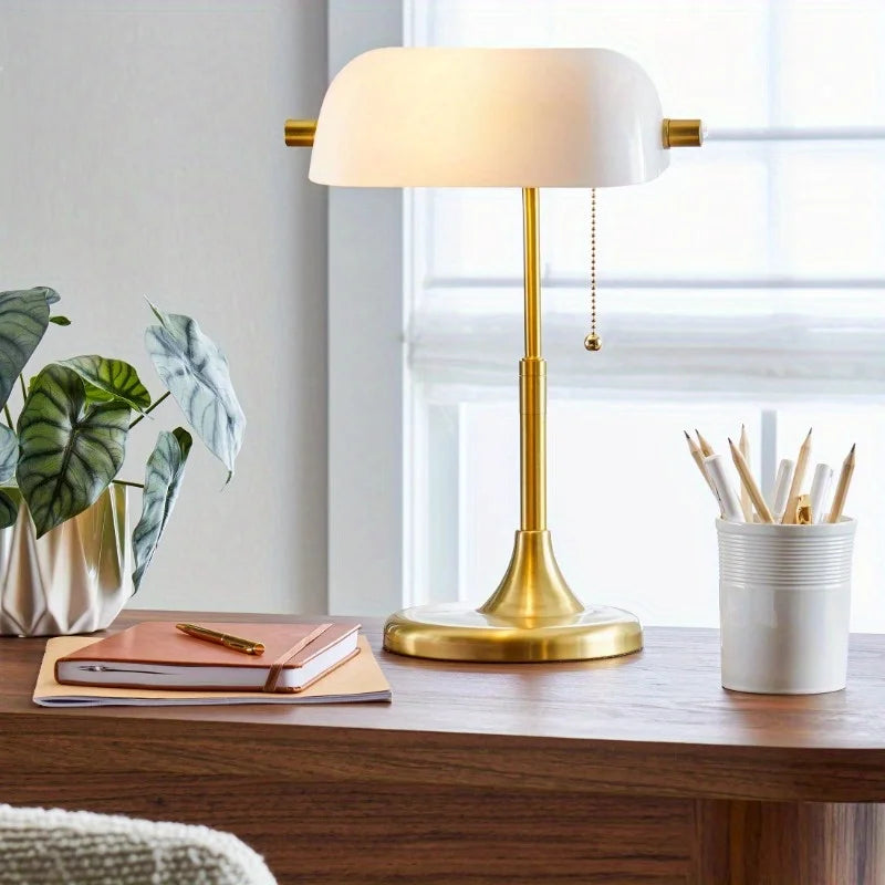 19" Gold/White Modern Glass Banker Table Lamp with Brass Base and Banker Style Glass Shade