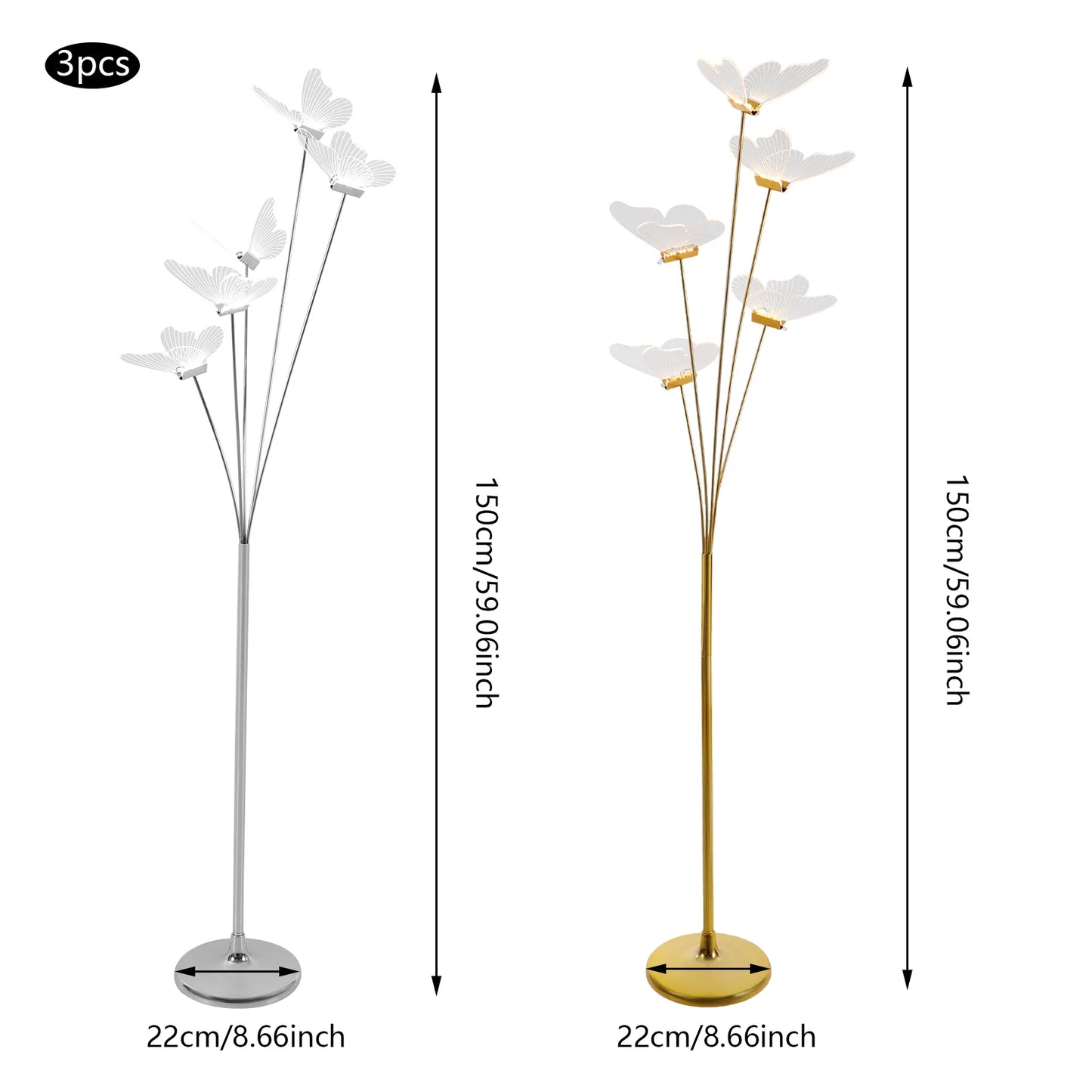 110V 3Pcs Gold/Silver LED Butterfly Standing Lights, Freestanding Landscape Atmos0phere Lamp For Weddings, Parties, Stages, etc