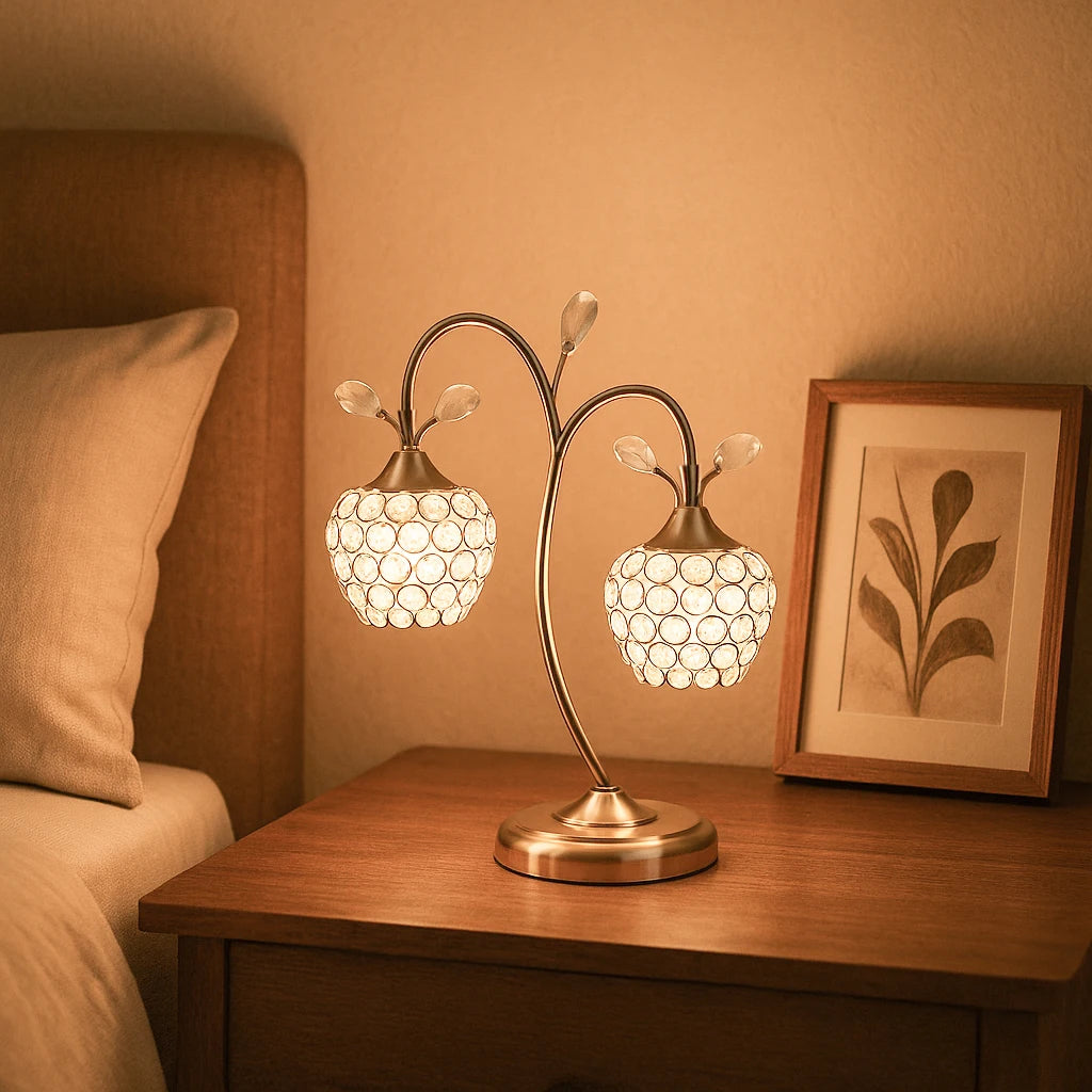 17.25 "Rose Gold 2-Flower Clock Glass Metal Modern Simple Desk Lamp Iron Art Suitable For Bedhead, Desk Warm Decoration 3000K