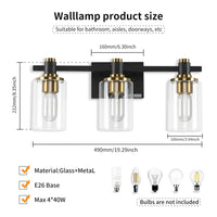 3-Light Modern Bathroom Vanity Light Fixture Above Mirror, Metal & Glass Construction, Hardwired for Easy Installation