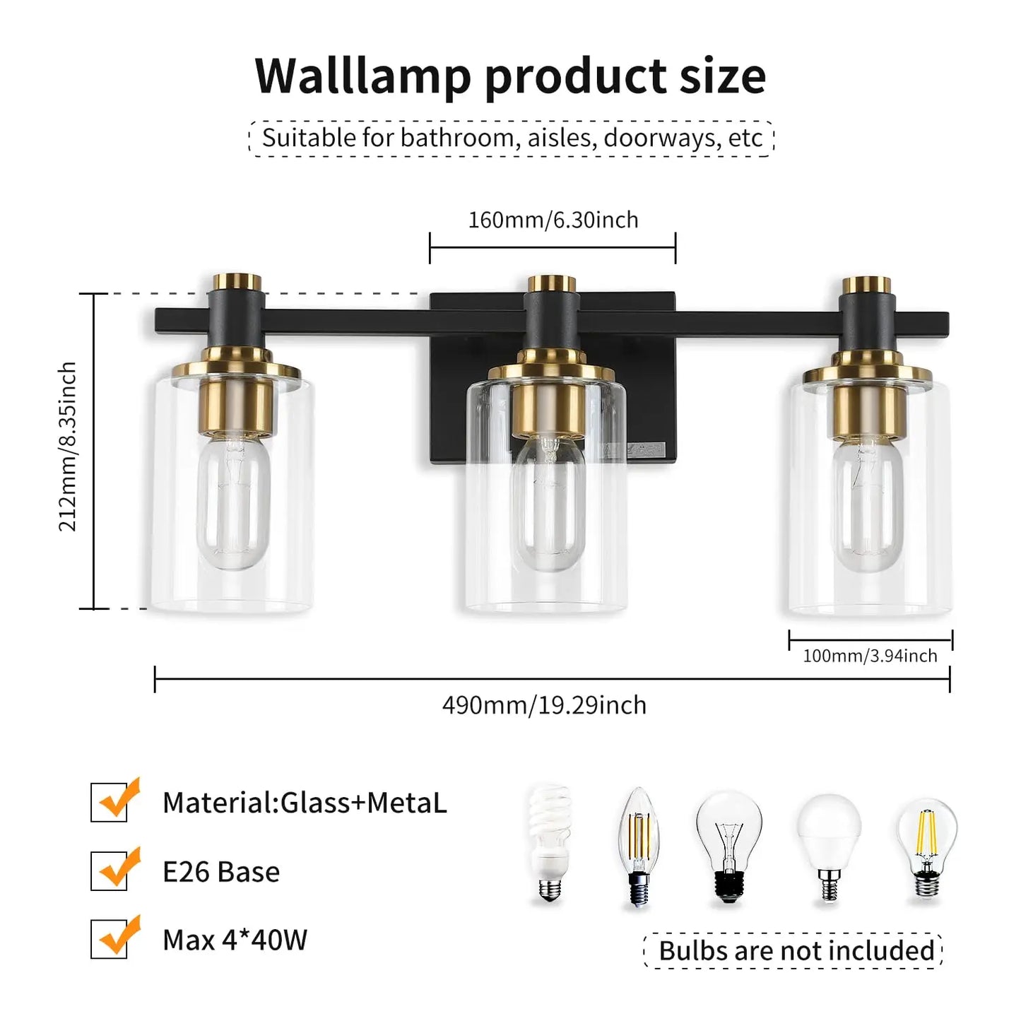 3-Light Modern Bathroom Vanity Light Fixture Above Mirror, Metal & Glass Construction, Hardwired for Easy Installation