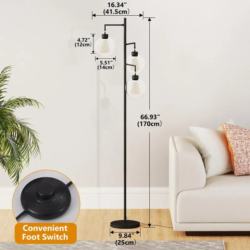 67" Tree-Shaped Floor Lamp with 3 Lights, Glass Shade, Foot Switch, Modern Design for Living Room Lighting