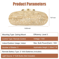 50cm/20'' Farmhouse Boho Rattan Woven Bamboo Ceiling Fan 110V With Light & Remote Control