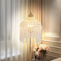 3-Light Elegant Crystal Floor Lamp Vintage Waterfall Design with Crystal Bead Strings and Marble Texture Base (No Bulb)