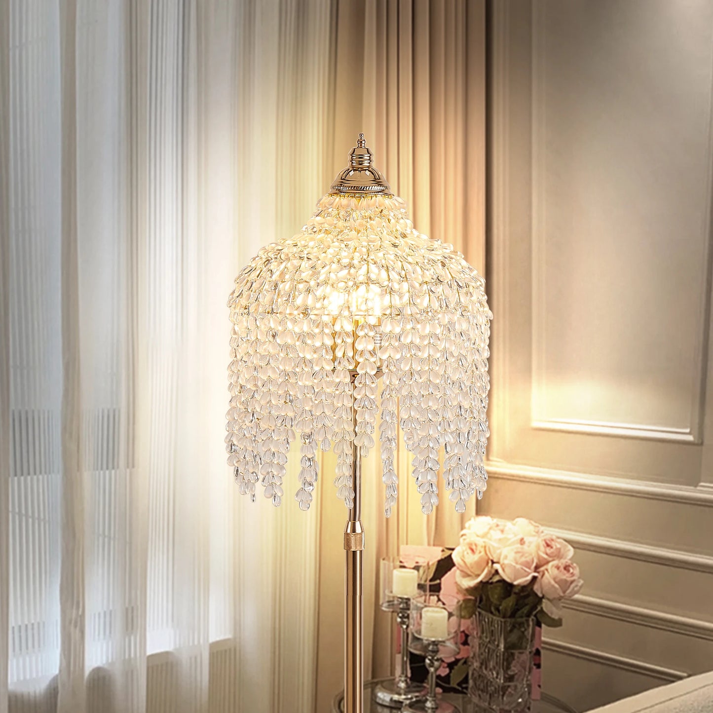 3-Light Elegant Crystal Floor Lamp Vintage Waterfall Design with Crystal Bead Strings and Marble Texture Base (No Bulb)