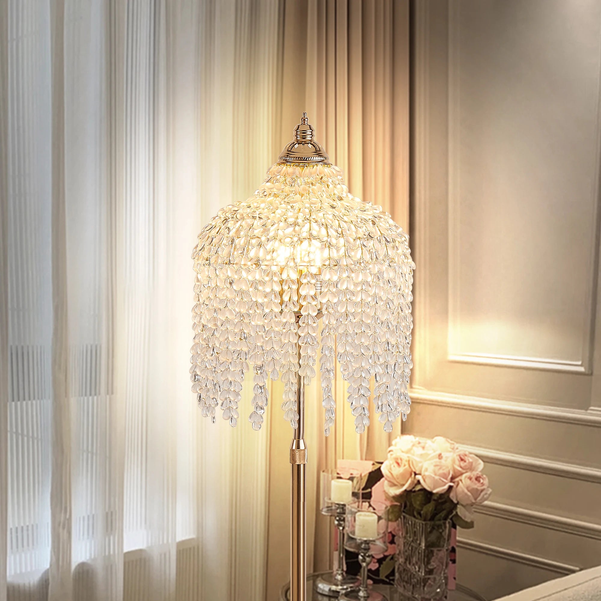 3-Light Elegant Crystal Floor Lamp Vintage Waterfall Design with Crystal Bead Strings and Marble Texture Base (No Bulb)