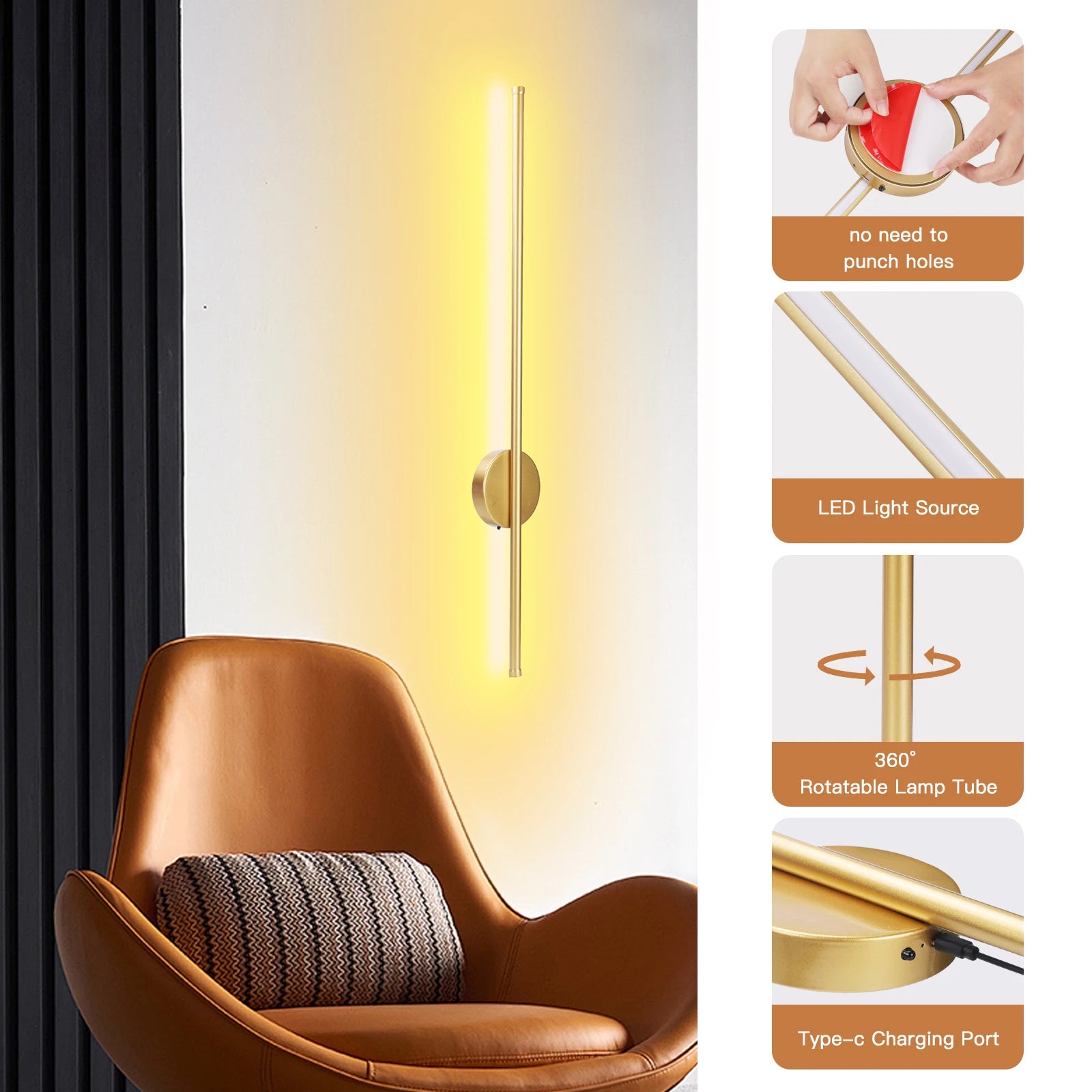 50cn/80cm LED Wireless Wall Lamp 5V Usb Rechargeable Long Night Light with Remote Control Modern Simple Bedroom Bedside Lamp