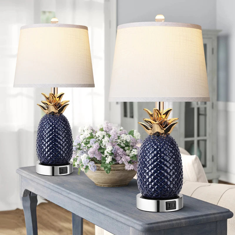 22 Inch Pineapple Set Of 2 3 Way Dimmable Ceramic Lamp Navy Blue Modern Living Room Lamp With USB Port Coastal Tall Table Lamps