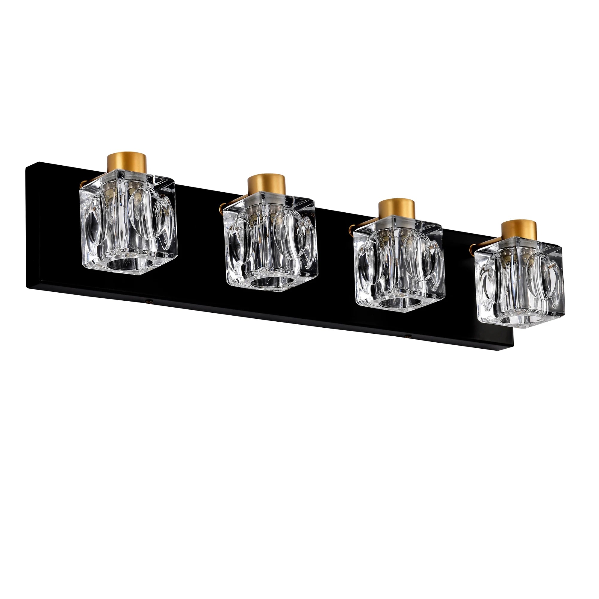 4-Light Matte Black + Gold Bathroom Light Fixtures, Modern Vanity Lights with Crystal Glass Shade, Vintage Light Fixture Bathroo