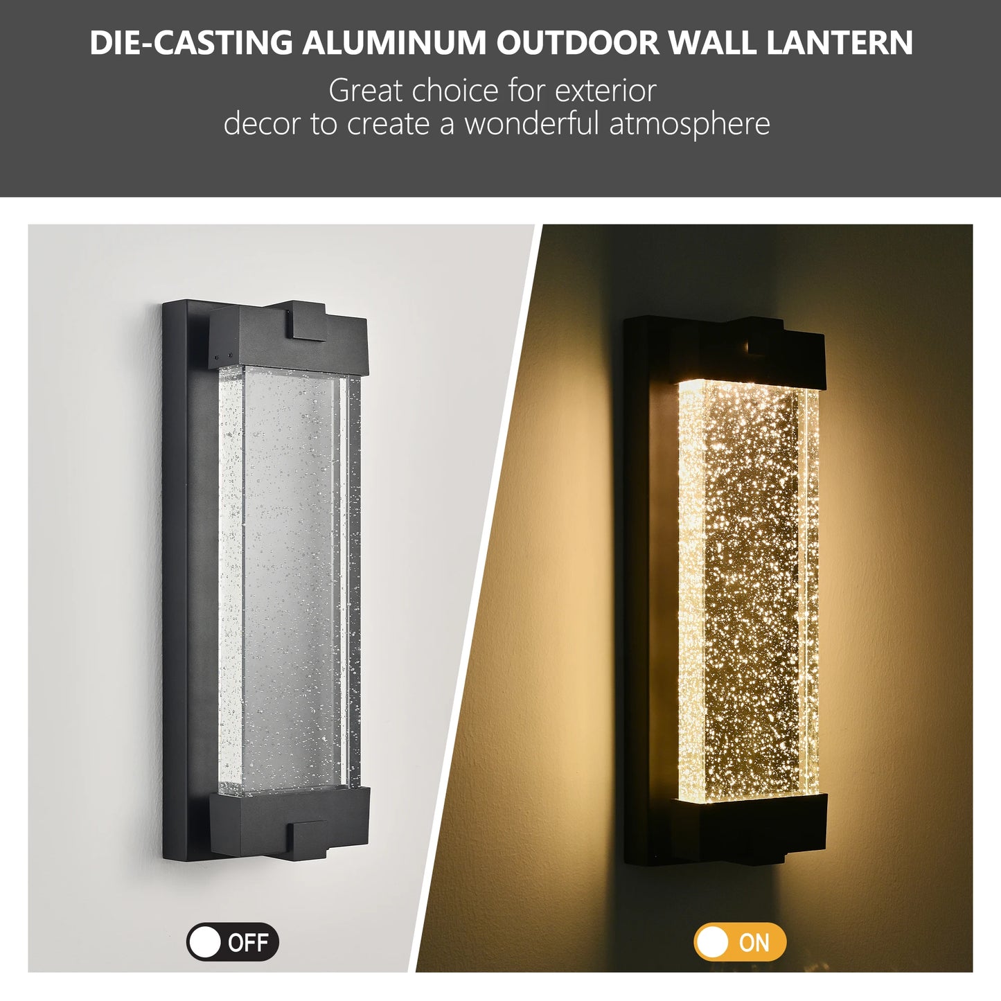 Black Aluminum Finish Outdoor Wall Light with Bubble Crystal Glass, LED Light Source, 3000K Warm Light, Weatherproof