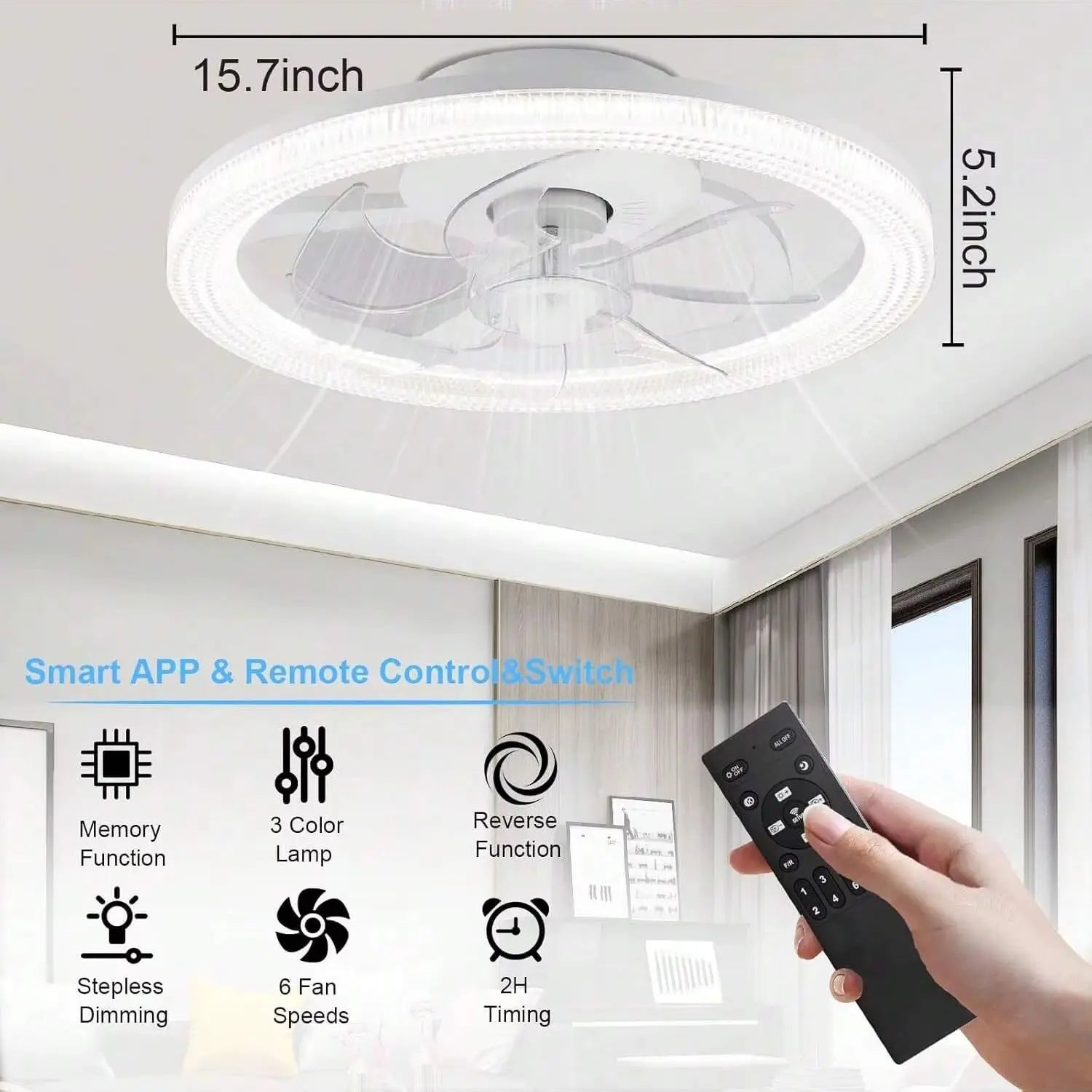 Ceiling Fans With Lights And Remote, 15.7"Flush Mount Ceiling Fan, 6Wind Speeds Low Profile Ceiling Fan With Light, Dimmable LED