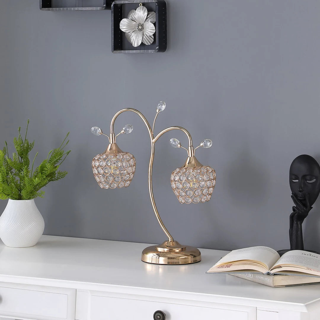 17.25 "Rose Gold 2-Flower Clock Glass Metal Modern Simple Desk Lamp Iron Art Suitable For Bedhead, Desk Warm Decoration 3000K