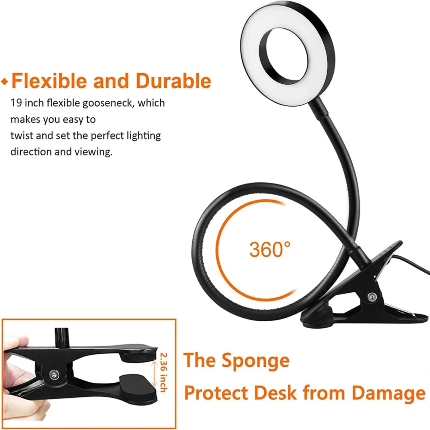 48 LEDs Clip on Desk Lamp °Flexible Gooseneck Reading Table Light Eye-Caring USB Clamp Books Night Light Study Read Light