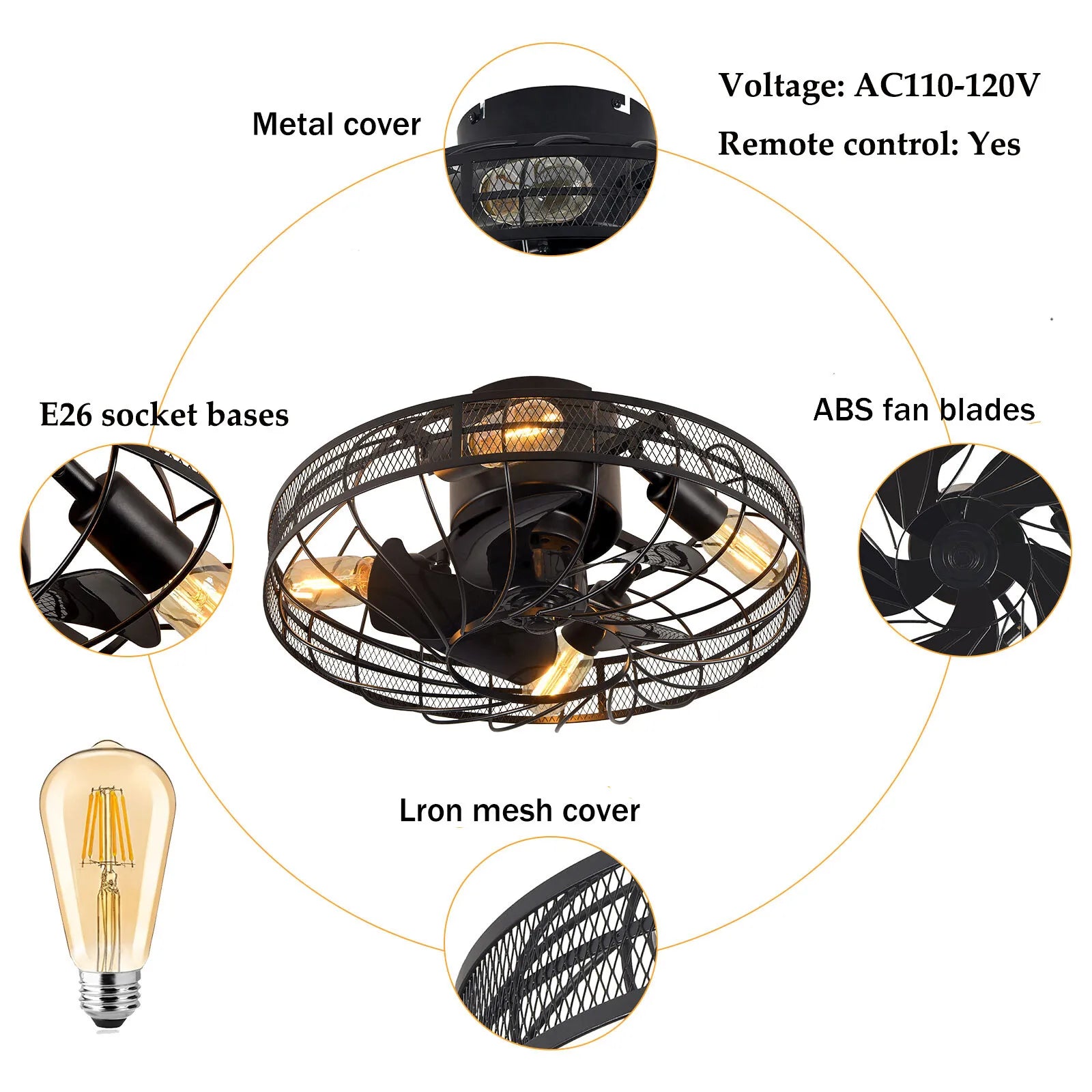 20'' E26 Rustic Caged Ceiling Light Fan Farmhouse Flush Mount Chandelier 1/2/4H Timing Control