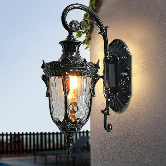 Black Vintage Exterior Waterproof Wall Lantern Lamp, Rustic Porch Lights Fixtures Retro Outdoor Wall Sconce, with Glass Shade