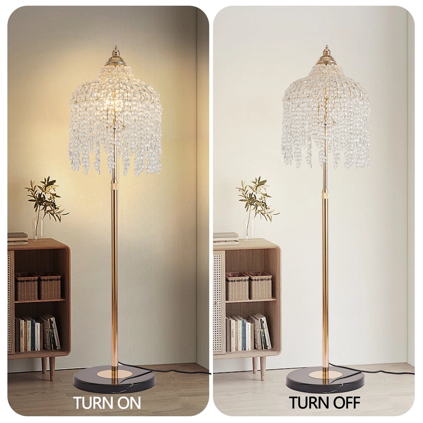 3-Light Elegant Crystal Floor Lamp Vintage Waterfall Design with Crystal Bead Strings and Marble Texture Base (No Bulb)