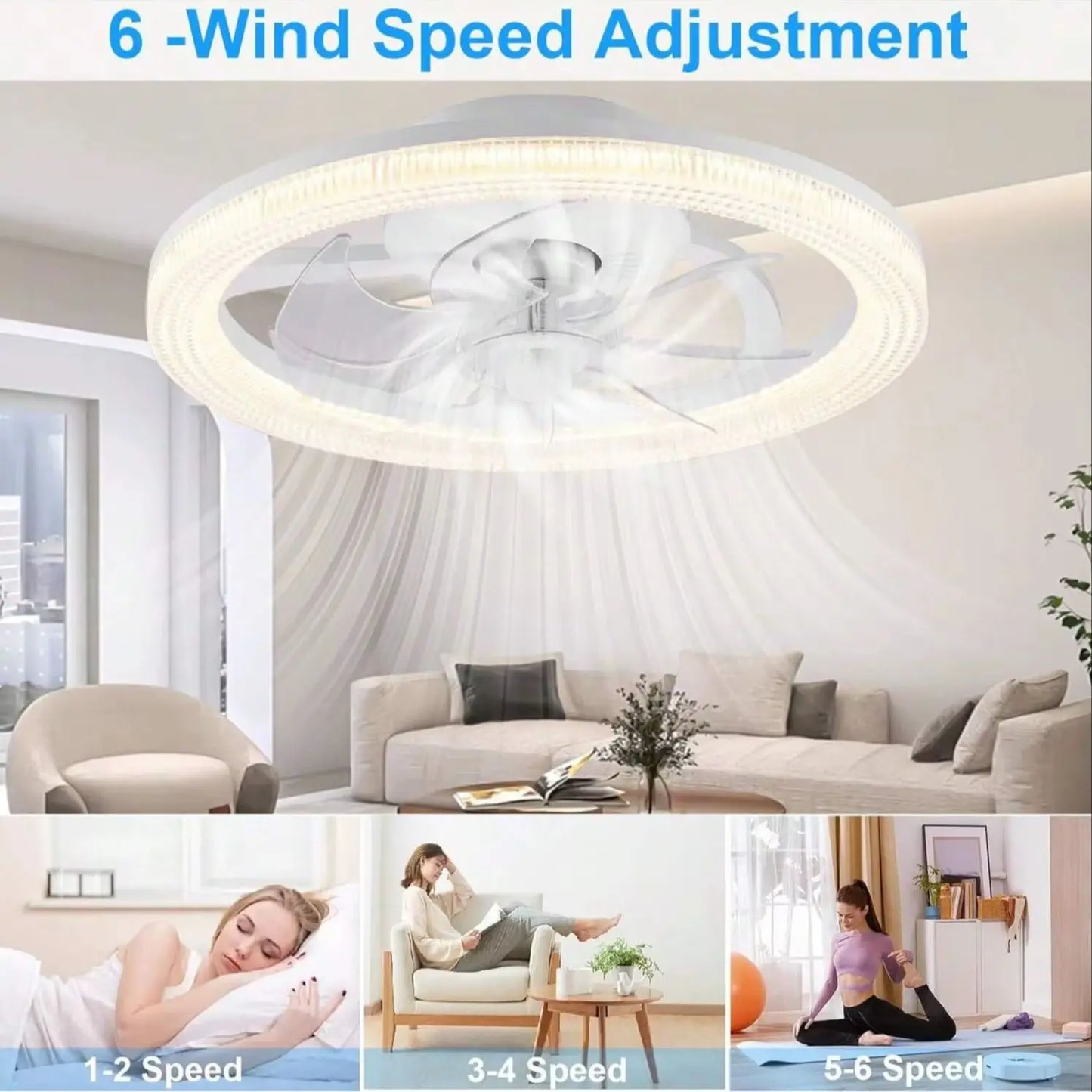 Ceiling Fans With Lights And Remote, 15.7"Flush Mount Ceiling Fan, 6Wind Speeds Low Profile Ceiling Fan With Light, Dimmable LED