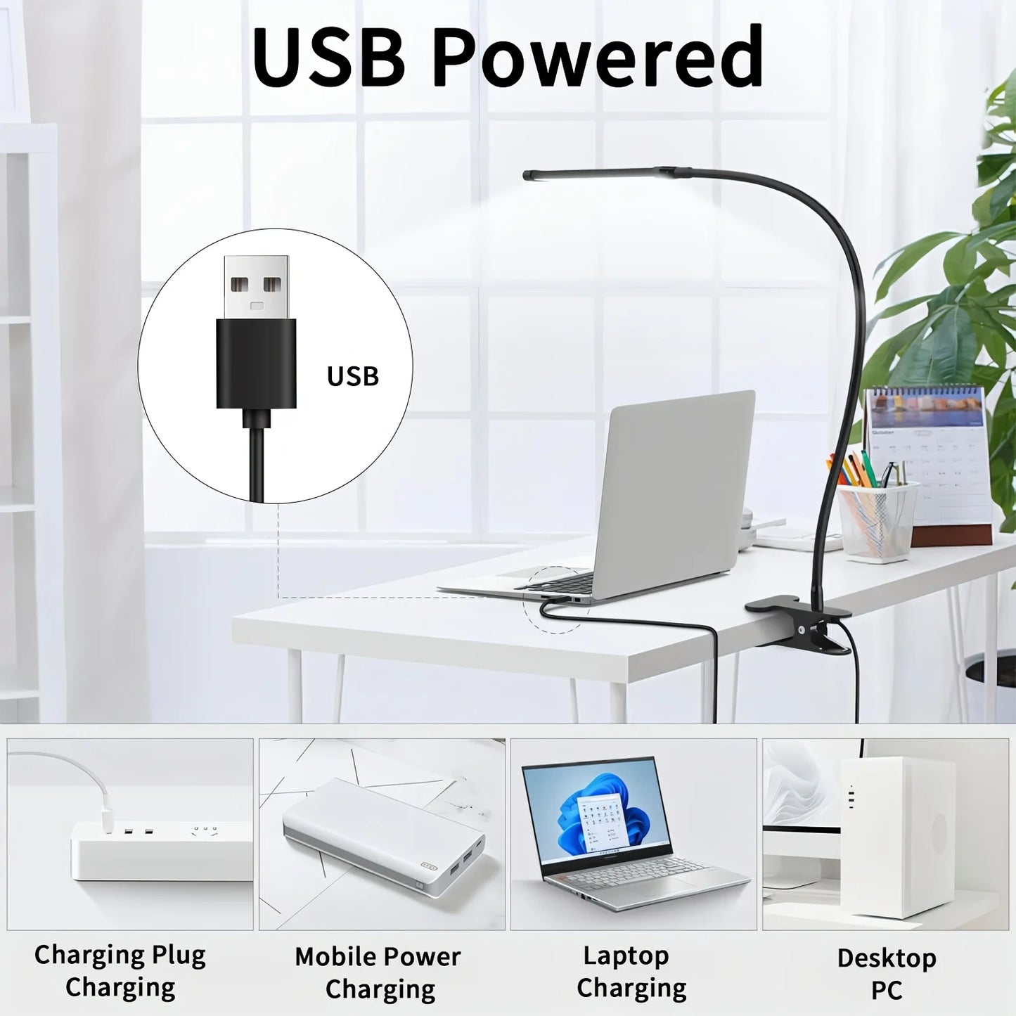 10W LED Desk Lamp with Clamp Dimmable Clip On Reading Light 10 Brightness Level 3 Lighting Modes Flexible Study Table Lamp USB