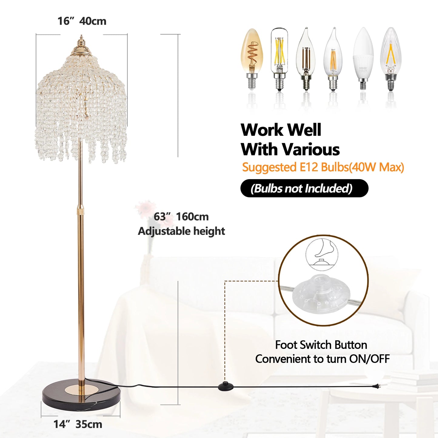 3-Light Elegant Crystal Floor Lamp Vintage Waterfall Design with Crystal Bead Strings and Marble Texture Base (No Bulb)