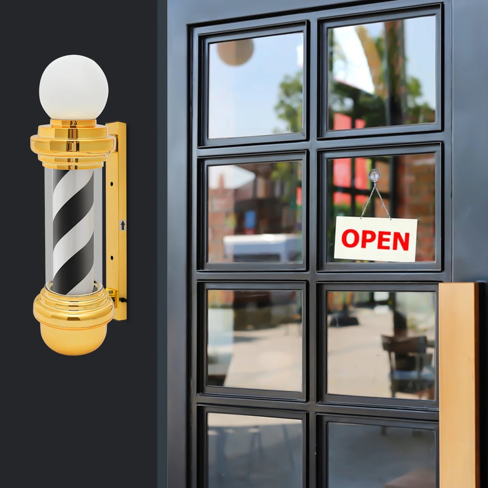 Golden Black White Rotating Barber Pole Light - 68cm LED Salon Open Sign - Wall Mount Hairdresser Decor for Salon & Barber Shop