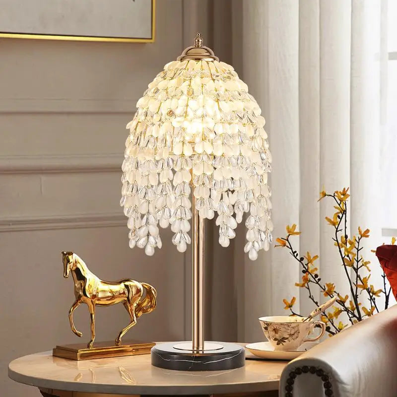 19" Elegant Crystal Table Lamp - Vintage Waterfall Design with Teardrop Grape Crystal Beads and Marble Base for Living Room,