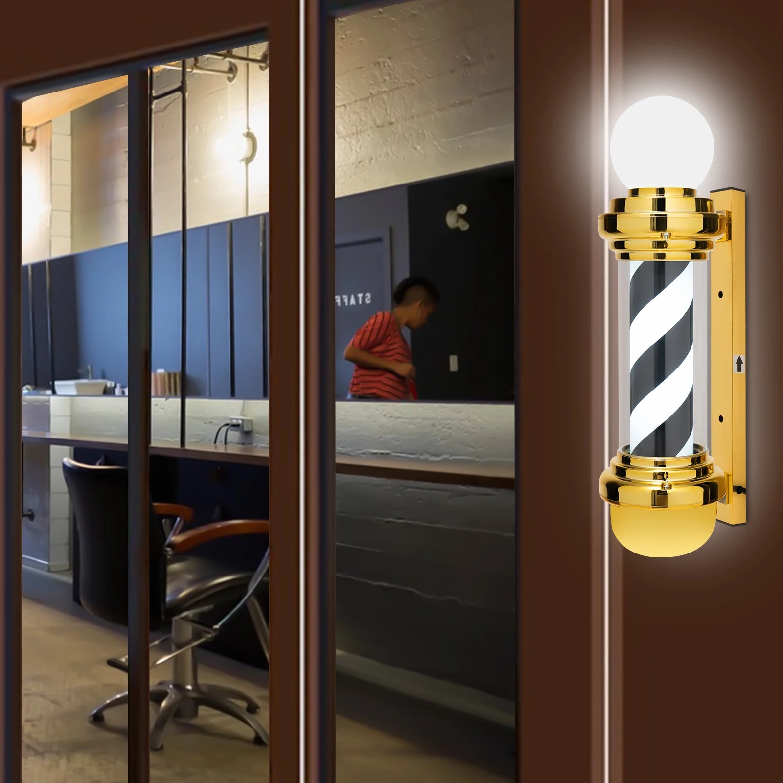 Golden Black White Rotating Barber Pole Light - 68cm LED Salon Open Sign - Wall Mount Hairdresser Decor for Salon & Barber Shop