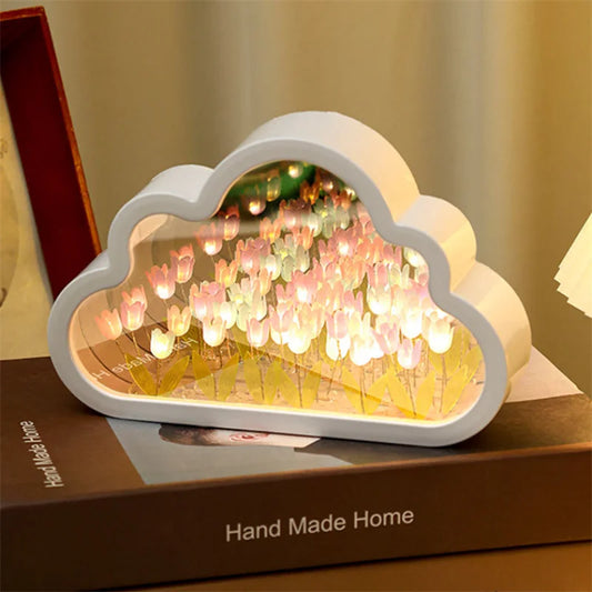 1pc Handmade DIY Clouds Tulip Lamps LED Night Light Mirror Table Lamps Bedroom Ornaments Decoration Flower Sea Atmosphere Lamp
