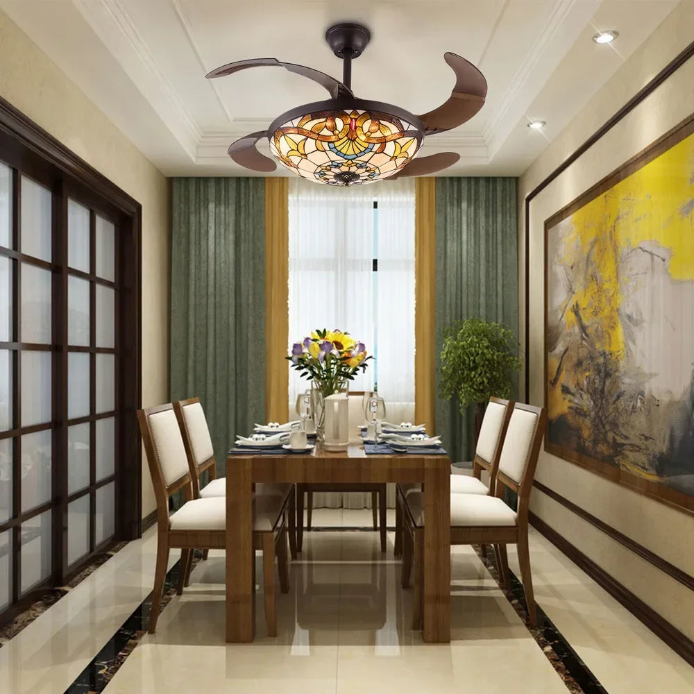 42 in Tiffany Style Ceiling Fan W/ Light, Remote Control, 3 Color Changing LED & 3 Speed Setting, Modern Fan for Living Room Use