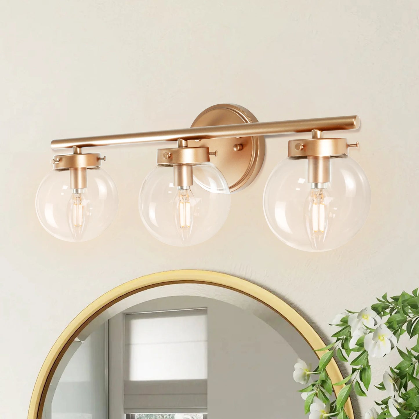3-Light Brushed Gold Vanity Light, Modern Wall Sconces with Clear Glass Globe Shade, Bathroom Wall Lights for Mirror Kitchen Bed