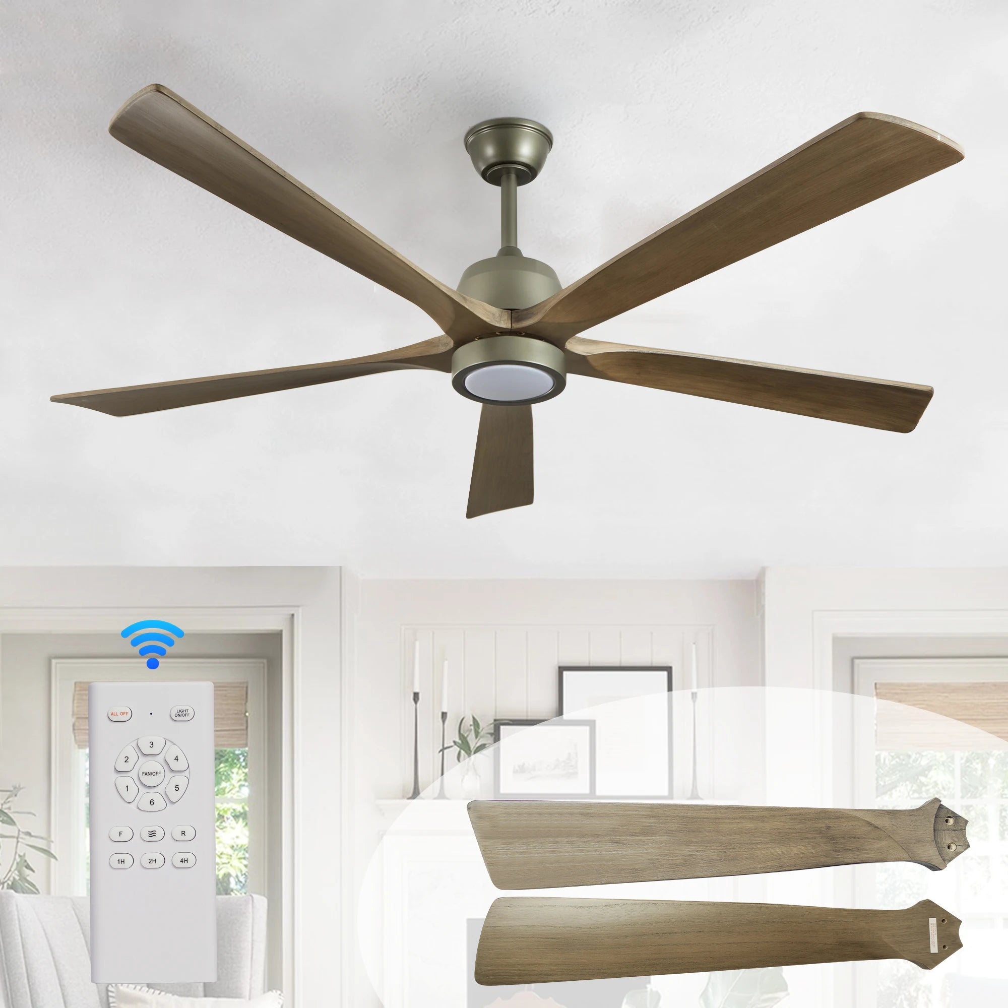 ARLGSITE 60“ Simple Modern Olive Green Wood Grain Silent Ceiling Fan Light, Adjustable , Suitable for Living Room & Bedroom