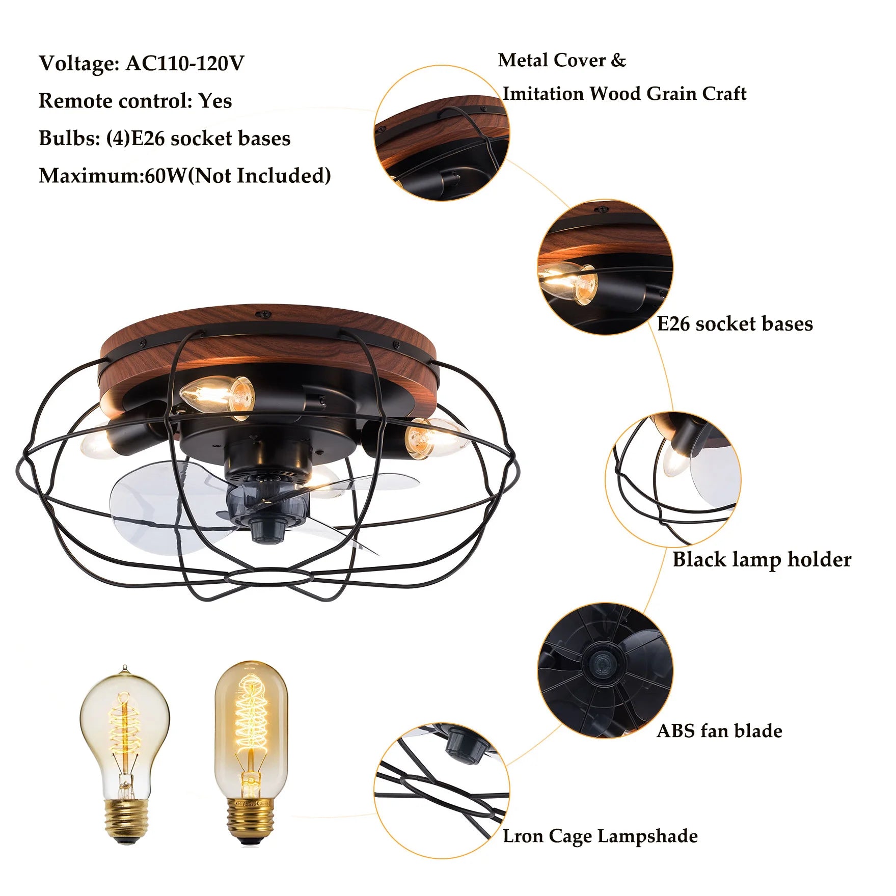 18 Inch Ceiling Fan with Light, Black and Wood Color Ceiling Fan Light with Remote Control, Flush Mount Ceiling Fan Light