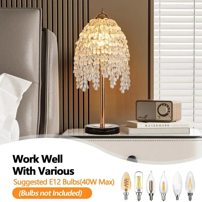 19" Elegant Crystal Table Lamp - Vintage Waterfall Design with Teardrop Grape Crystal Beads and Marble Base for Living Room,