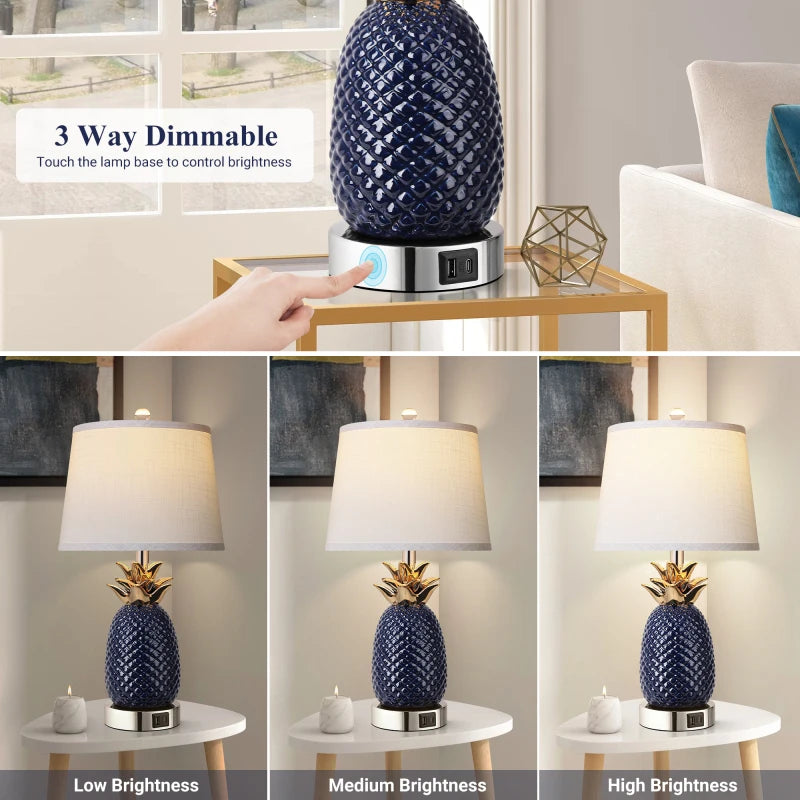 22 Inch Pineapple Set Of 2 3 Way Dimmable Ceramic Lamp Navy Blue Modern Living Room Lamp With USB Port Coastal Tall Table Lamps