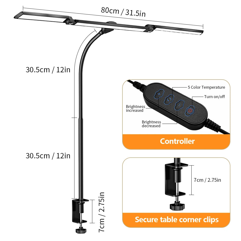 16W LED Desk Lamp for Office Eye-Caring Desk Light with Stepless Dimming Adjustable Flexible Gooseneck 3 Head Foldable Desk Lamp